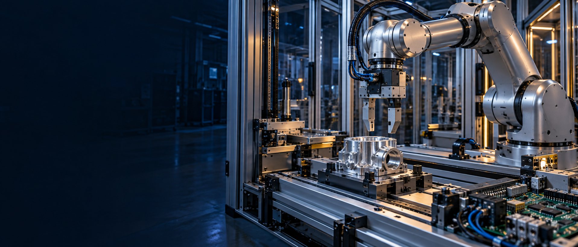 Braccio robotico e scheda elettronica in un ambiente di produzione automatizzato; immagine illustrativa.